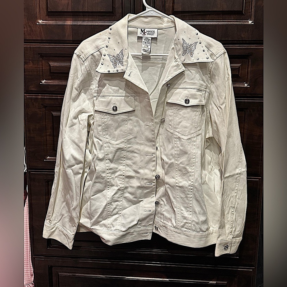 Maggie sweet White Denim Jacket with Butterfly Detail LARGE